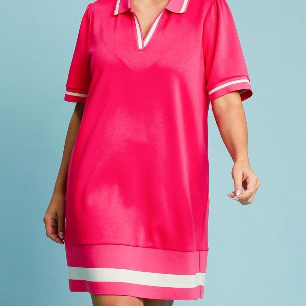 Umgee Size Large Hot Pink Polo Shift Mini Dress Striped Contrast Casual Travel